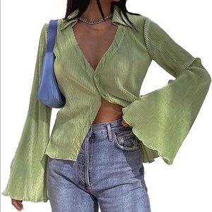 LYANER Women's Deep V Neck Button Front Bell Long Sleeve Blouse Shirt Top